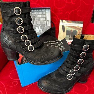 Fluevog EAST END WOODLAND Black Strappy Ankle Boot